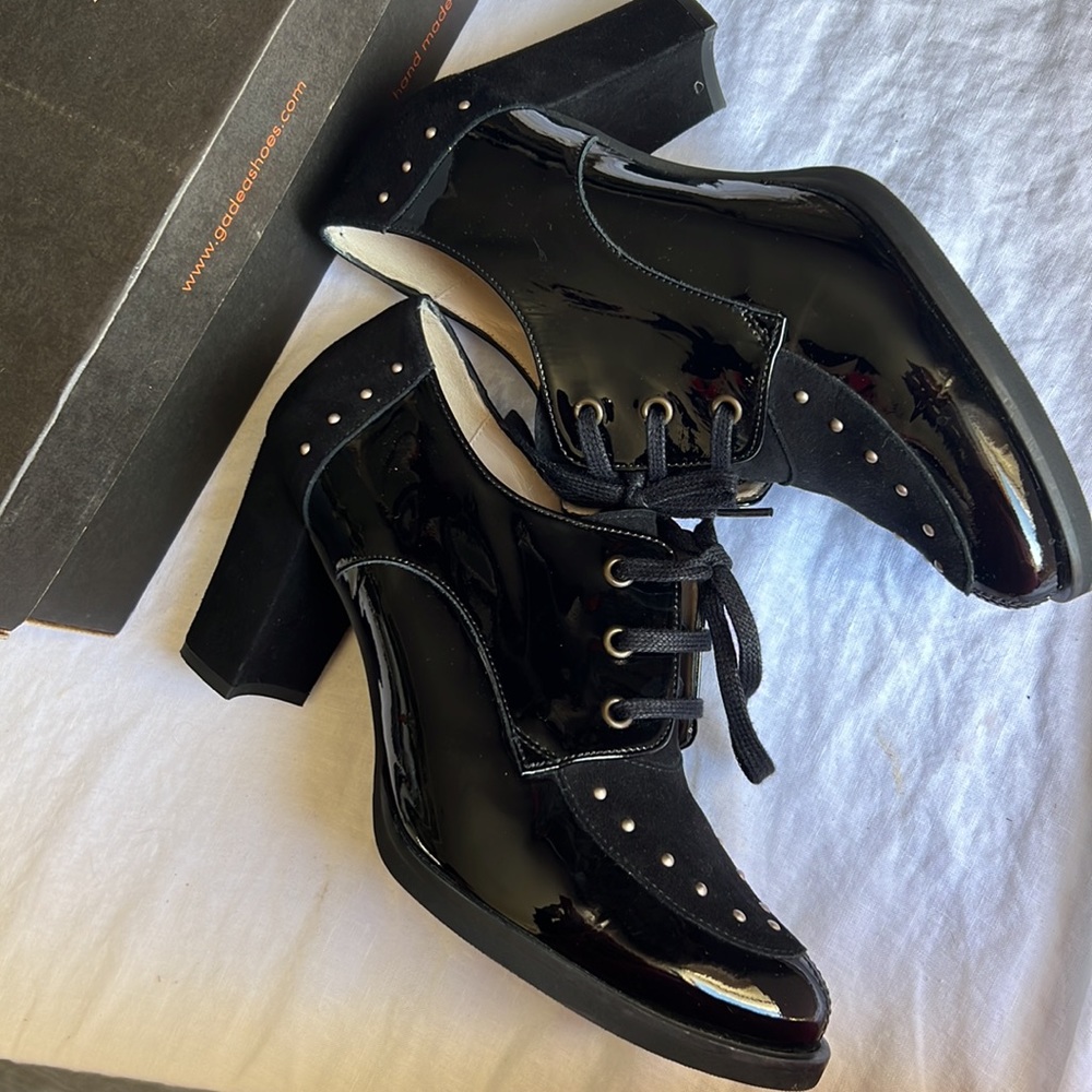 Fades by Lodi block 3” heel shoes classic laced black leather sz.39 glossy Spain - Picture 7 of 17
